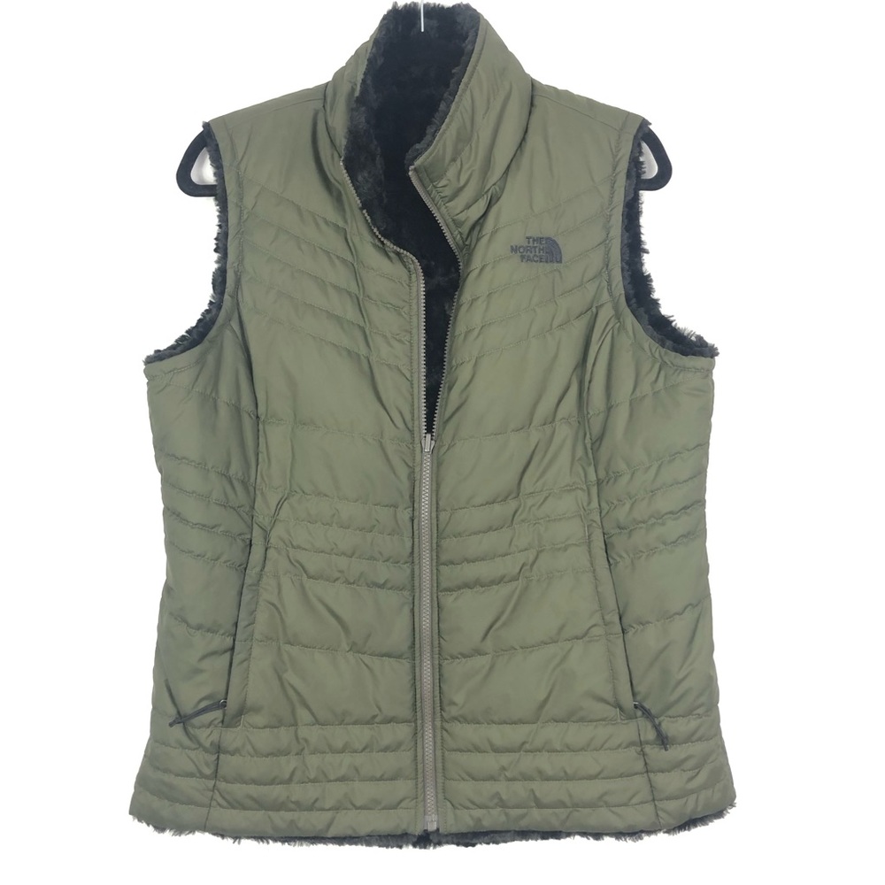 THE NORTH FACE reversible faux fur olive green puffer vest black fur lining G12